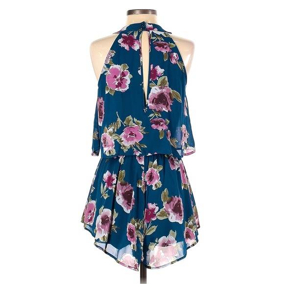 Peach Love California Blue Floral Print High Waisted Halter Neck Chiffon Romper - Picture 3 of 16